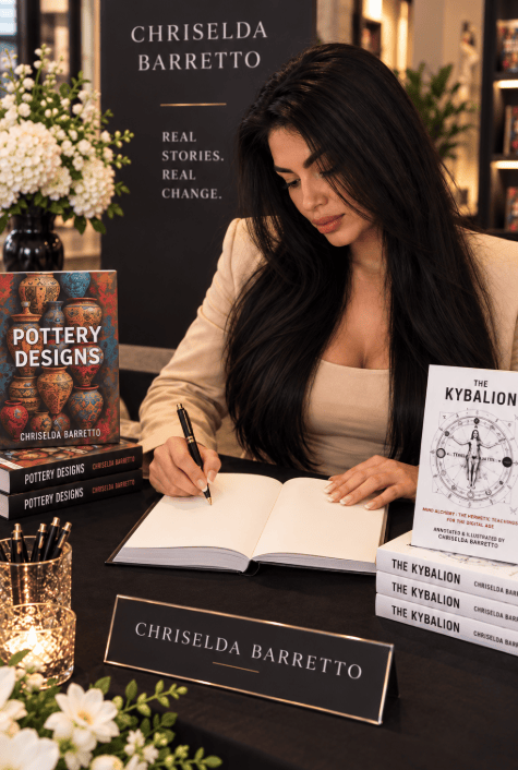 Author Chriselda Barretto signing books at a literary event, with copies of 'Pottery Designs' and 'The Kybalian' displayed on the table.