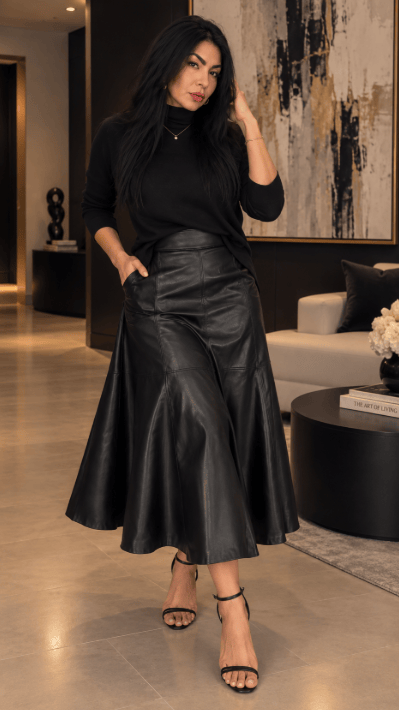 A woman wearing a black sweater and a long black leather skirt, posing confidently in a modern interior space with stylish decor.