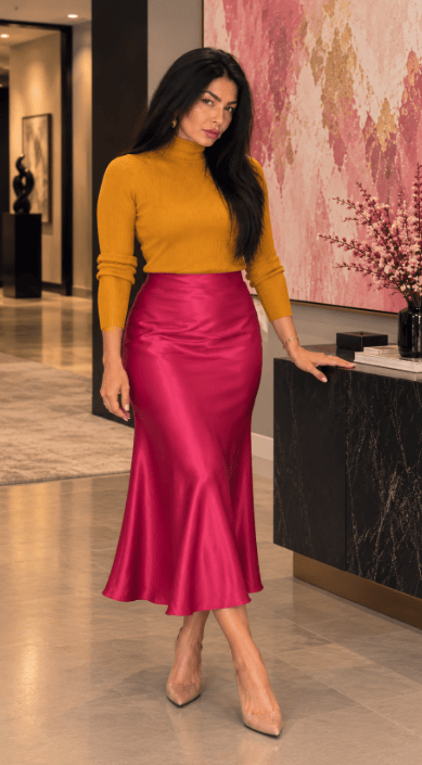 A woman in a yellow sweater and a pink satin skirt stands elegantly in a modern interior space, with decorative elements in the background.