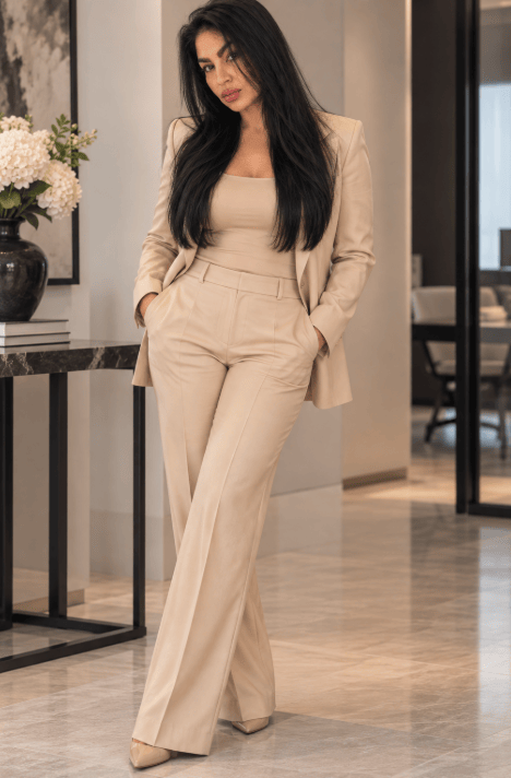 A woman in a beige suit with tailored trousers and a fitted top, standing confidently in a modern interior space with a stylish decor.